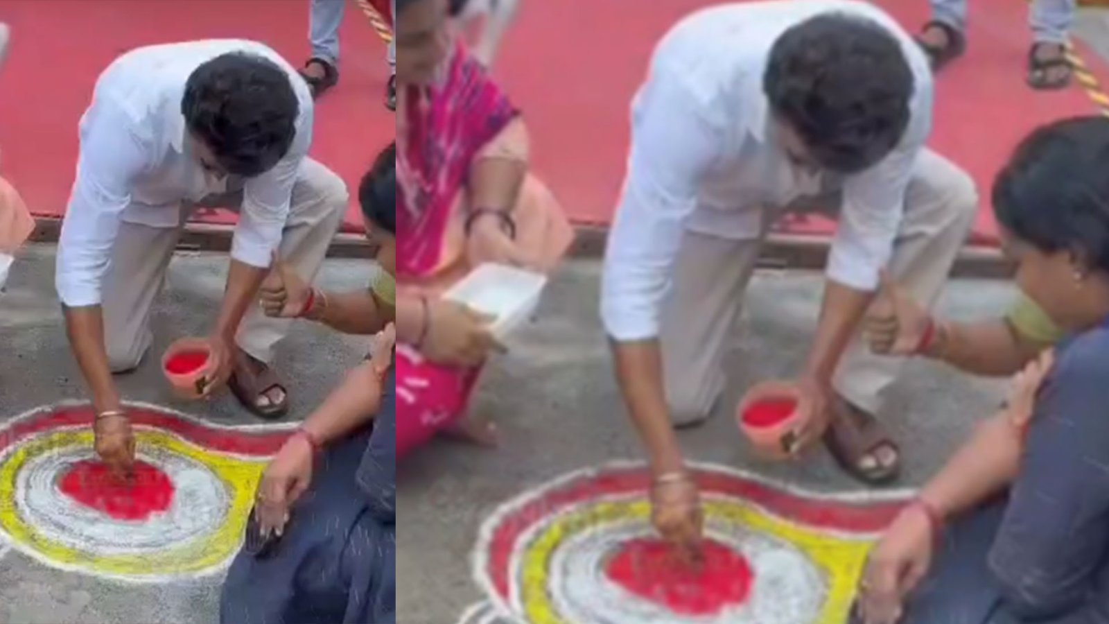 தரையில் அமர்ந்து கோலம் போட்ட விஜய்! - பெரம்பூரில் நெகிழ்ச்சியான சம்பவம்.