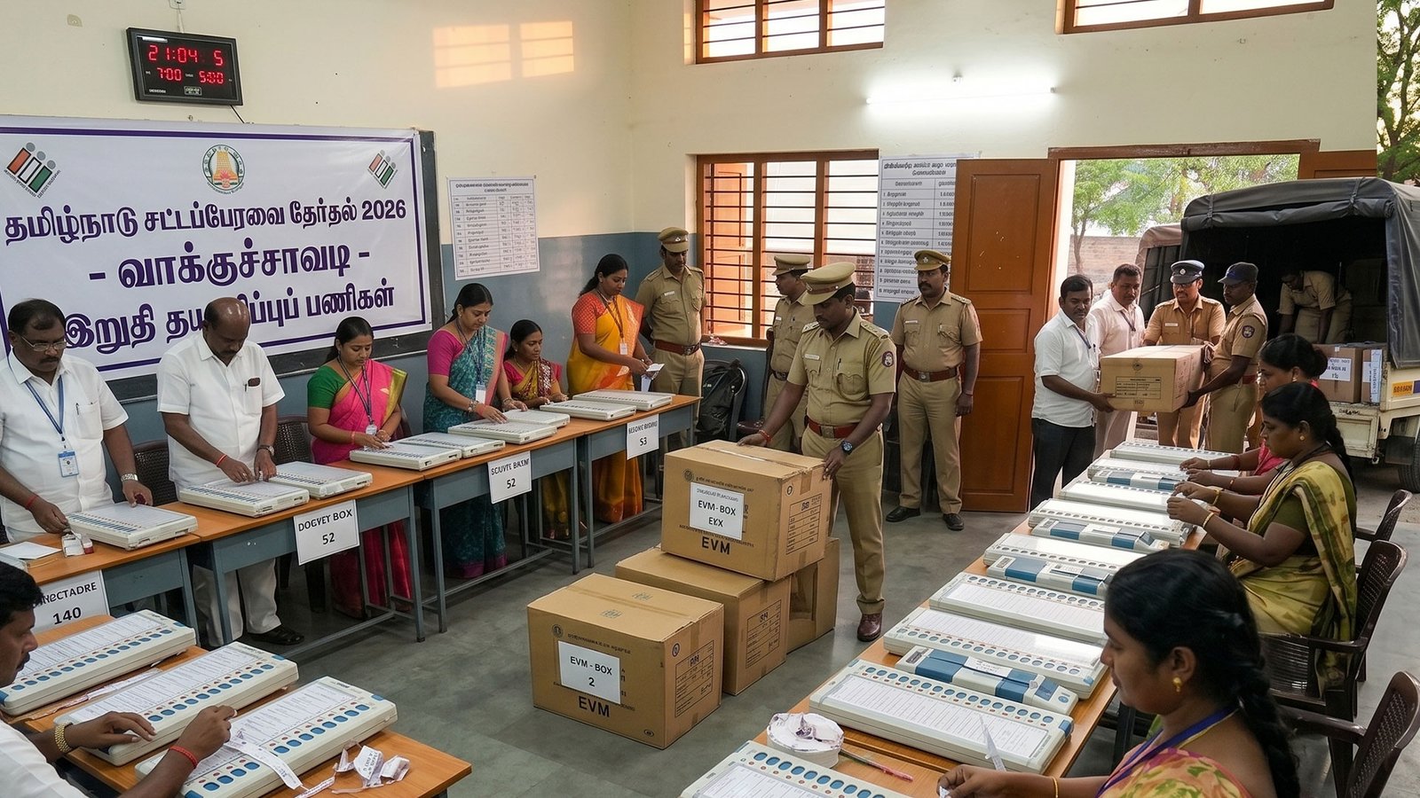தமிழகமே தயாராகு! நாளை சட்டமன்றத் தேர்தல் வாக்குப்பதிவு - 75,000 வாக்குச்சாவடிகளில் பலத்த பாதுகாப்புடன் இறுதிக்கட்டப் பணிகள் தீவிரம்!