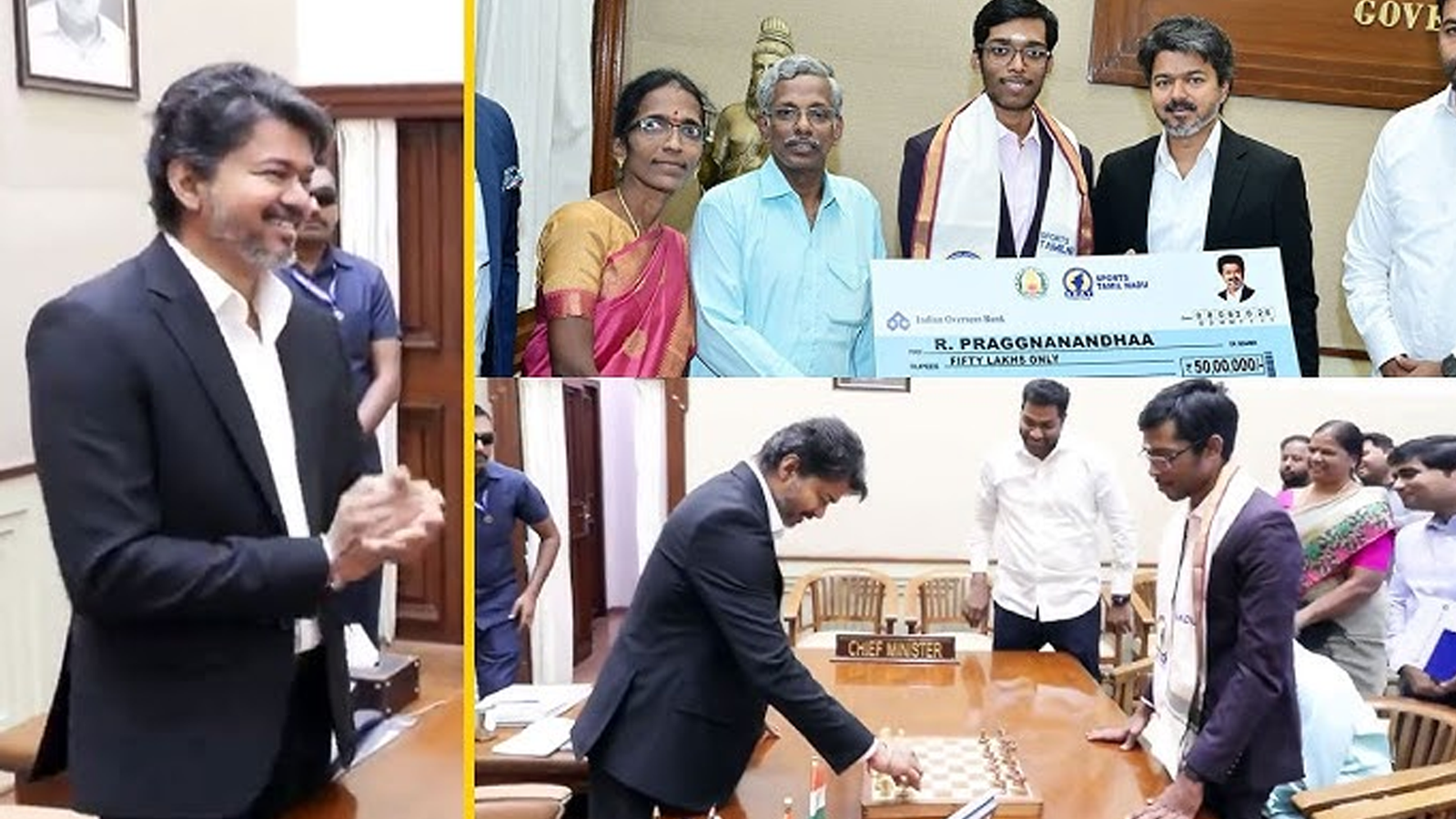 கோட்டையில் அரங்கேறிய 'செஸ் மாஸ்டர்' மெகா கூட்டணி: நார்வே செஸ் சாம்பியன் பிரக்ஞானந்தாவுடன் செஸ் விளையாடி, ₹50 லட்சம் ஊக்கத்தொகை வழங்கி அசத்தினார் முதலமைச்சர் விஜய்!